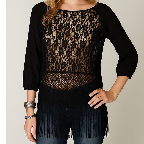 Free People Windows of Lace Black Fringe Sheer Top - Picture 1 of 7